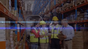 Animation of digital interface over diverse group of warehouse workers. global shipping, delivery, business, data processing and technology concept digitally generated video. - Powered by Shutterstock - Get 15% off with code: PIKWIZARD15