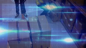 Animation of digital interface over caucasian warehouse workers. global shipping, delivery, business, data processing and technology concept digitally generated video. - Powered by Shutterstock - Get 15% off with code: PIKWIZARD15