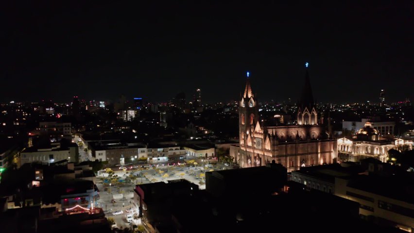 Aerial Establishing Shot of Beautiful Cathedral at Night