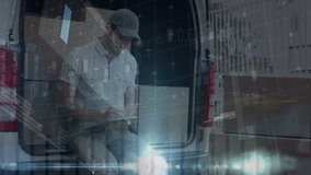 Animation of data processing over caucasian male courier. business, technology and delivery services concept digitally generated video. - Powered by Shutterstock - Get 15% off with code: PIKWIZARD15