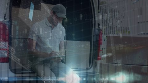 Animation of data processing over caucasian male courier. business, technology and delivery services concept digitally generated video.