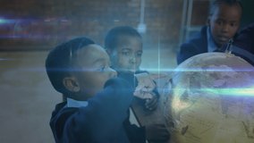 Animation of network of connections over african american school children with globe. global connections, networks, education and travel concept digitally generated video.