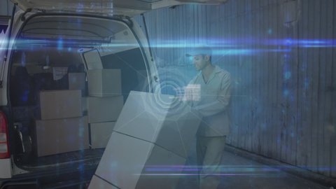 Animation of data processing and globe over caucasian male courier. business, technology and delivery services concept digitally generated video.