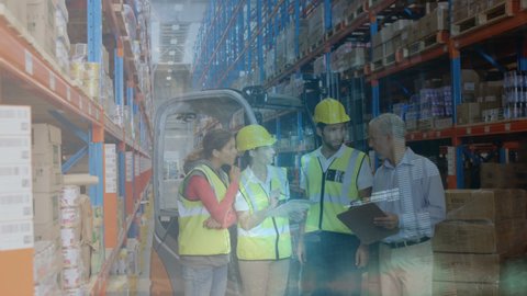 Animation of data processing over diverse female and male warehouse workers. business, technology and delivery services concept digitally generated video.