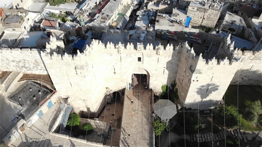 Damascus Gate aerial top down view,Jerusalem 
Drone view from Shechem Gate, Damascus Gate and the old city, may 2022, israel
