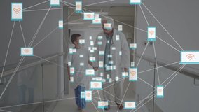 Animation of connections over caucasian senior male doctor walking and talking with boy. health, medicine, connections and technology concept digitally generated video,