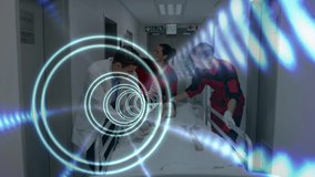 Animation of circles pulsating over diverse female and male medics pulling bed with patient. health, medicine, connections and technology concept digitally generated video,