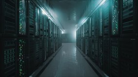 3D render slow camera motion through a modern, low-lit server room. Large racks with servers. Big data and remote cloud computing concept - Powered by Shutterstock - Get 15% off with code: PIKWIZARD15
