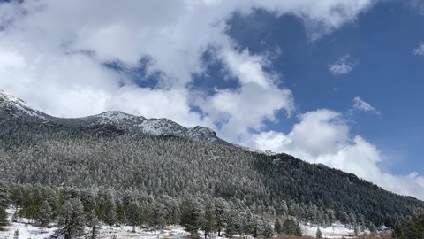 Time Lapse of the clouds moving above the snow covered mountains in the Rocky Mountains National Park in Colorado USA.