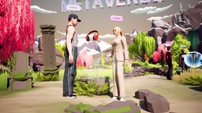 Human avatars communicate and interacting in the metaverse. Meetings in virtual space, artificial world. Cross-platform social networking. Metaverse as a virtual co-working, realization of NFT