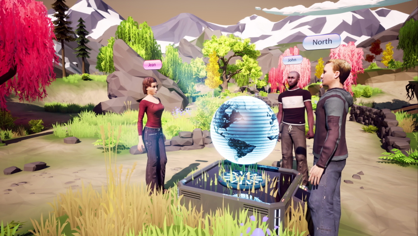 Human avatars communicate and interacting in the metaverse. Meetings in virtual space, artificial world. Cross-platform social networking. Metaverse as a virtual co-working, realization of NFT | Shutterstock HD Video #1090897299