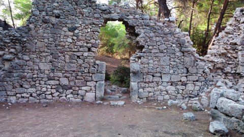Old ruined brick wall with archway and deep pine forest behind it filmed at summer day. Ancient stone doorway built many years ago in Turkish woodland. Architecture and nature. Broken portal outdoors.