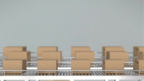 Animation of packages moving on conveyor belt in warehouse. business and delivery services concept digitally generated video.