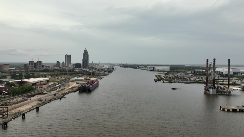Aerial approach to downtown Mobile, Alabama