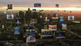 Futuristic City Connected to Social Media Interfaces. High Tech Vision of Los Angeles California. Augmented Reality, Internet of Things, Holograms. United States. - Powered by Shutterstock - Get 15% off with code: PIKWIZARD15