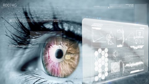 Animation of processing circle with counting and data on digital screen over eye of caucasian woman. data processing, technology and digital interface concept digitally generated video.