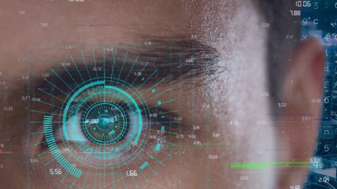 Animation of processing circle and data on digital screen over eye of caucasian man. data processing, technology and digital interface concept digitally generated video.