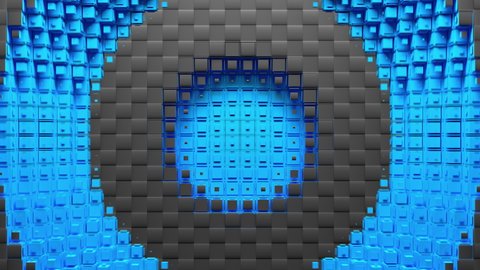 Blue voxel circle holes and carbon rings diverge from the center of screen. Abstraction on green chroma key, 3D animated intro.