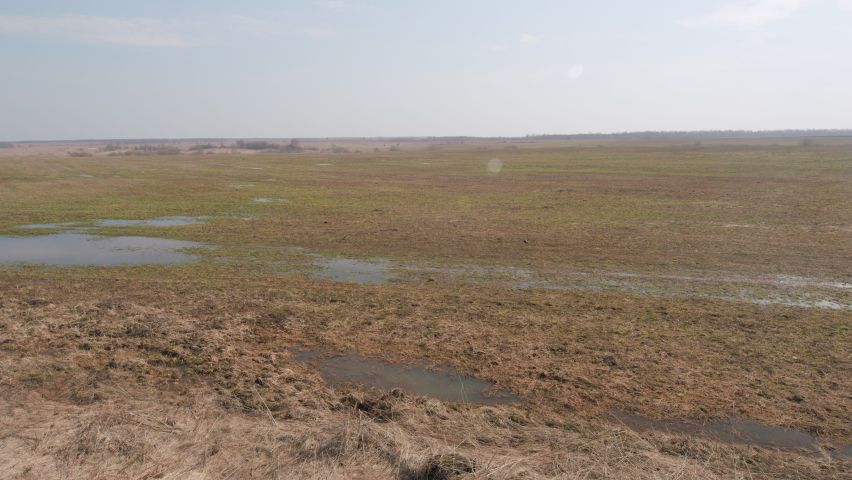 Meadow and puddle under beautiful sky. Early spring with puddles of water in fields.