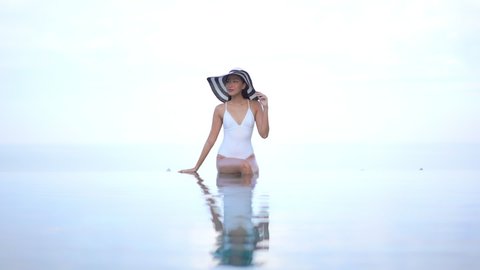 Elegant Woman White Onepiece Bathing Suit Stock Footage Video (100%