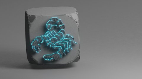 Beautiful Black with blue neon light zodiac sign Scorpio symbol icons on a beton cube and white gray background. 3d rendering illustration. Loops Video.