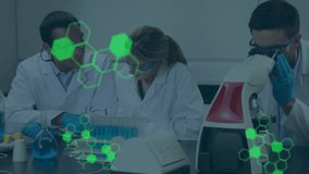 Animation of scientific data over diverse scientists in laboratory. global science, research and data processing concept digitally generated video.