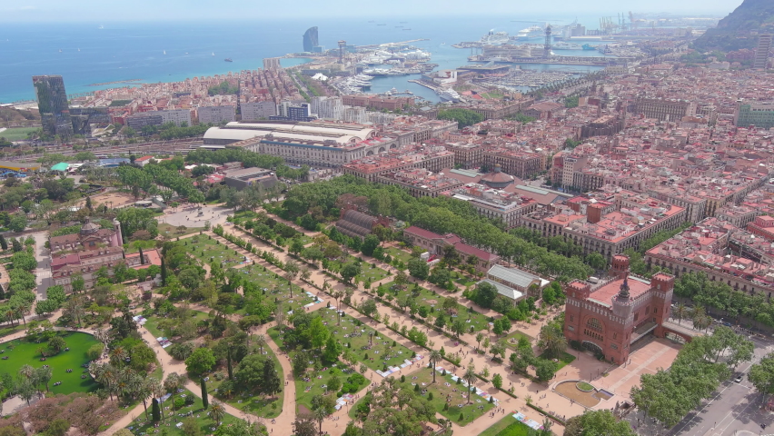 Barcelona, Spain: Aerial view of capital city of Catalonia, public park Ciutadella (Parc de la Ciutadella) - landscape panorama of Europe from above