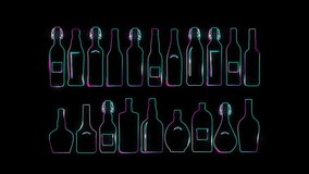Glowing neon bottle icon on black background. bottle of alcoholic beverage. 4K video animation for motion graphics and compositing