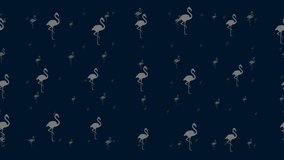Flamingos symbols float horizontally from left to right. Parallax fly effect. Floating symbols are located randomly. Seamless looped 4k animation on dark blue background