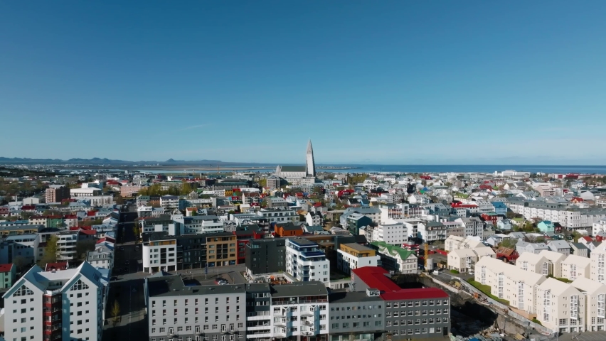 Beautiful aerial view of Reykjavik, Iceland on a sunny summer day. Panoramic view of Reykjavik