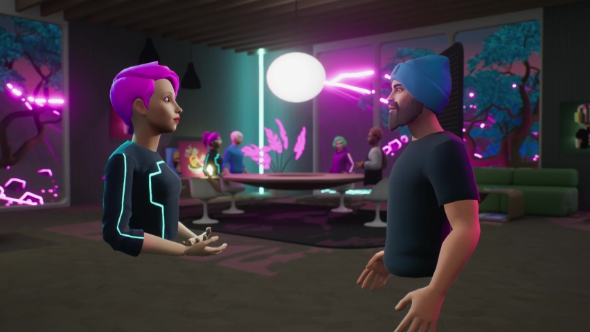 People communicate in the neon future metaverse. Employees avatars meet and talk in a virtual office meeting room. VR work space with NFT pictures and 3d furniture. Royalty-Free Stock Footage #1090937649