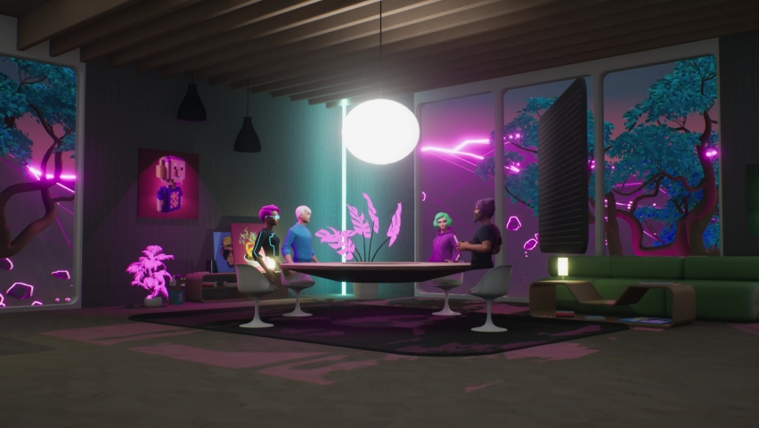 People communicate in the neon future metaverse. Employees avatars meet and talk in a virtual office meeting room. VR work space with NFT pictures and 3d furniture. Royalty-Free Stock Footage #1090937651