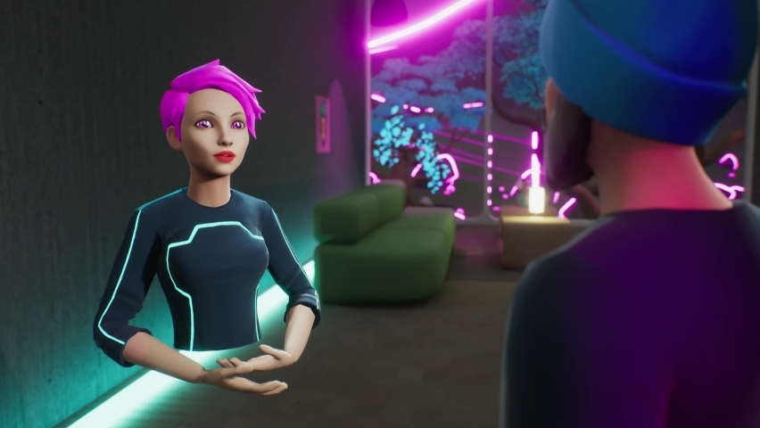 People communicate in the neon future metaverse. Employees avatars meet and talk in a virtual office meeting room. VR work space with NFT pictures and 3d furniture. Royalty-Free Stock Footage #1090937675