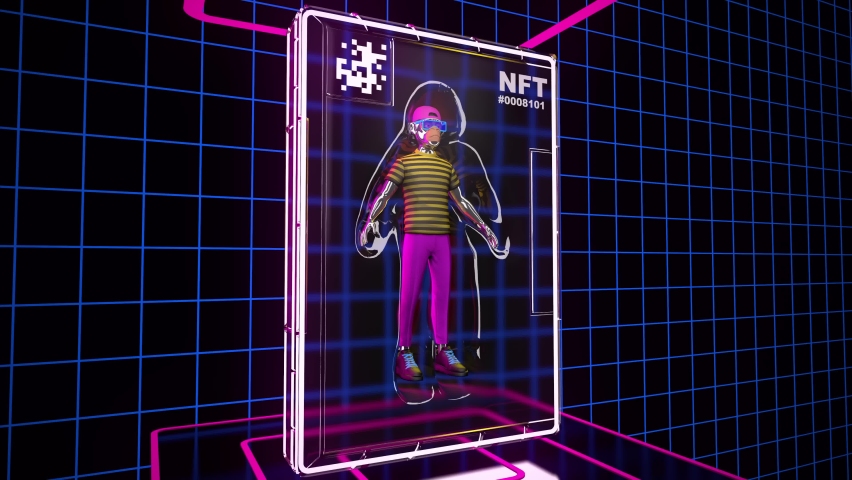 Looped presentation of NFT Ape avatar. NFT 3d bored ape in plastic box neon background. Digital art loop. In-game character for metaverse. Non-fungible Token. Royalty-Free Stock Footage #1090937679