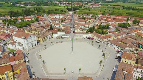Inscription on video. Palmanova, Udine, Italy. An exemplary fortification project of its time was laid down in 1593. Text furry, Aerial View