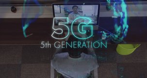 Animation of 5g text over asian male doctor on laptop video call. Global business, bosses day and data processing concept digitally generated video.
