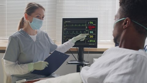 Nurse in face mask pointing at bedside monitor with vital signs while talking to young Black man with oxygen tube in his nose sitting in hospital bed