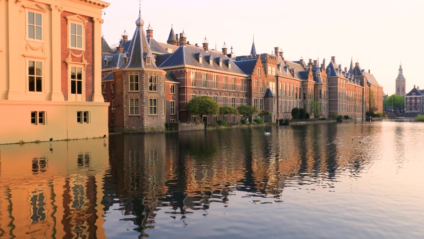 The Hague, Netherlands. 4k footage Binnenhof castle (Dutch Parliament) in downtown Hague at sunset.