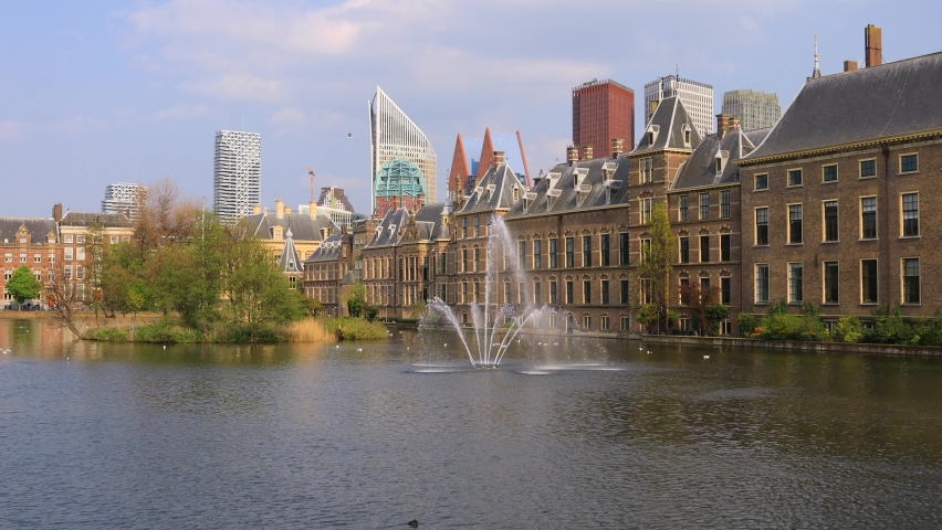 The Hague, Netherlands. 4k footage of the Binnenhof castle (Dutch Parliament) and water fountain in downtown Hague.