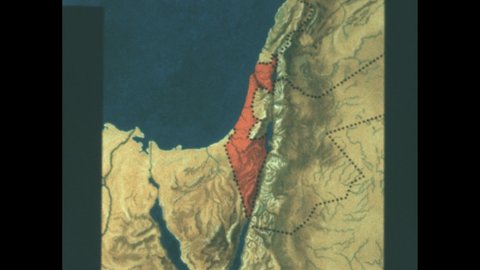 1970s: Map of Israel, Lebanon, Syria, Jordan, UAR, and Egypt. Israel Coastal Plain, Hill Country on map. Jordan Rift ,Transjordan, Negev Desert on map.
