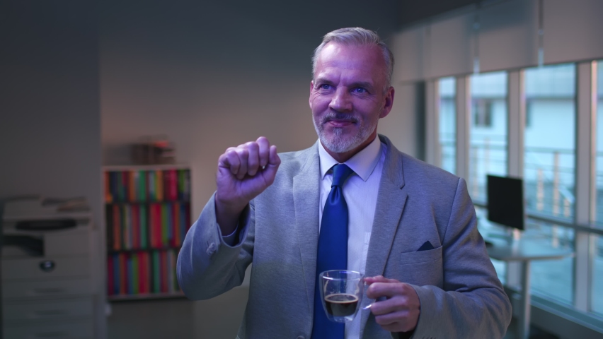Businessman in suit working and manages, touching on visual glass ...
