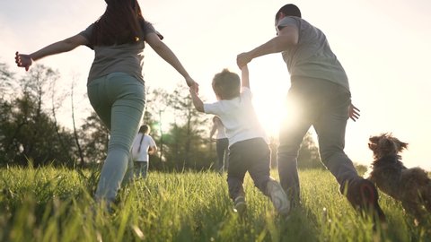 Happy family on grass with pet. Picnic in park with dog. Summer vacation on green meadow.People play run on grass.Family run in nature holding hands.Animal love for people.Family walk with dog in park - Βίντεο στοκ