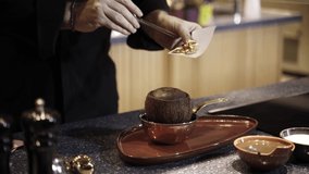 souffle presentation chocolate dessert fiery presentation coconut coconut dessert recipe chef cook leaf gold - Powered by Shutterstock - Get 15% off with code: PIKWIZARD15