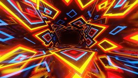 Colorful multicolor pattern. Fly through mirror tunnel with neon pattern, glow lines form sci fi pattern. Bright reflection neon light. Simple bright background, sci fi structure. 4k seamless looped