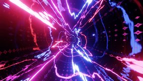 Hi-tech neon sci-fi tunel. Trendy neon glow lines form pattern and construction in mirror tunnel. Sci-fi pattern with glow frames. Fly through technology cyberspace. 3d looped seamless 4k bg.