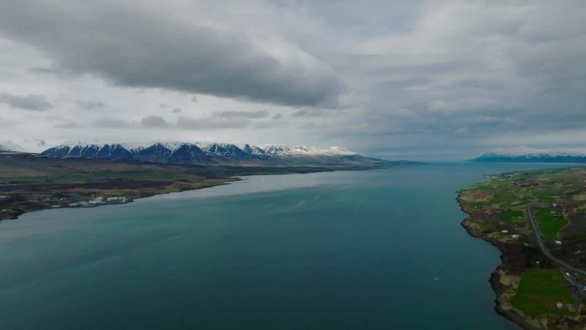 Beautiful aerial nature near Akureyri town in North Iceland. Icelandic nature.