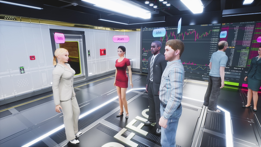 Human avatars, office workers communicate and interacting in the metaverse. Meetings in virtual space, artificial world. Cross-platform social networking. Metaverse as a virtual co-working Royalty-Free Stock Footage #1090975017