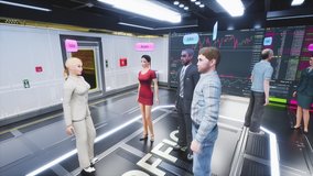 Human avatars, office workers communicate and interacting in the metaverse. Meetings in virtual space, artificial world. Cross-platform social networking. Metaverse as a virtual co-working