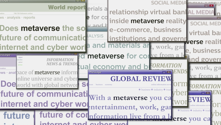 Pop up windows with Metaverse, cyberspace simulation and life in virtual reality on computer screen. Abstract concept of news titles across media. Seamless and looped display animation.