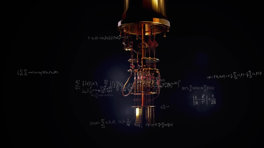 A model of a quantum computer against the background of formulas, a quantum factorization algorithm. 3D render. New technologies in parallel computing, scientific and technical achievements, concept. Royalty-Free Stock Footage #1090978537